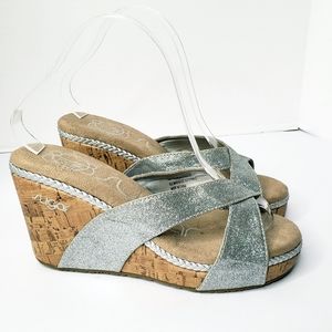 Sugar Silver Sparkle Wedge Sandals Size 8